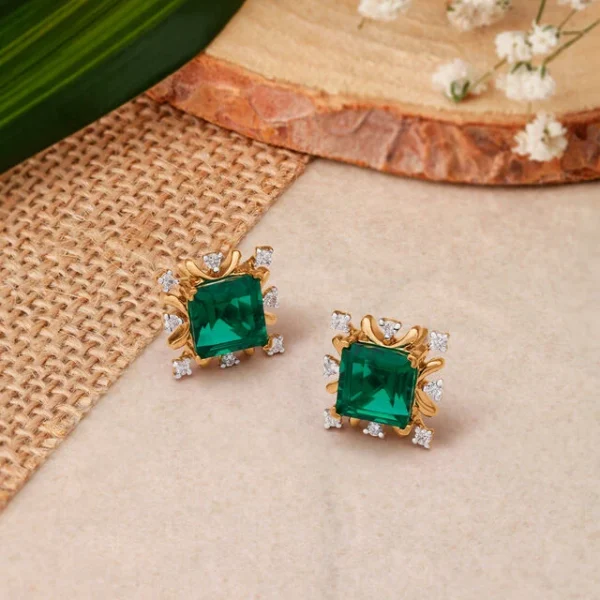 Regal Diamond Encrusted Square Gold Stud Earrings - Image 2